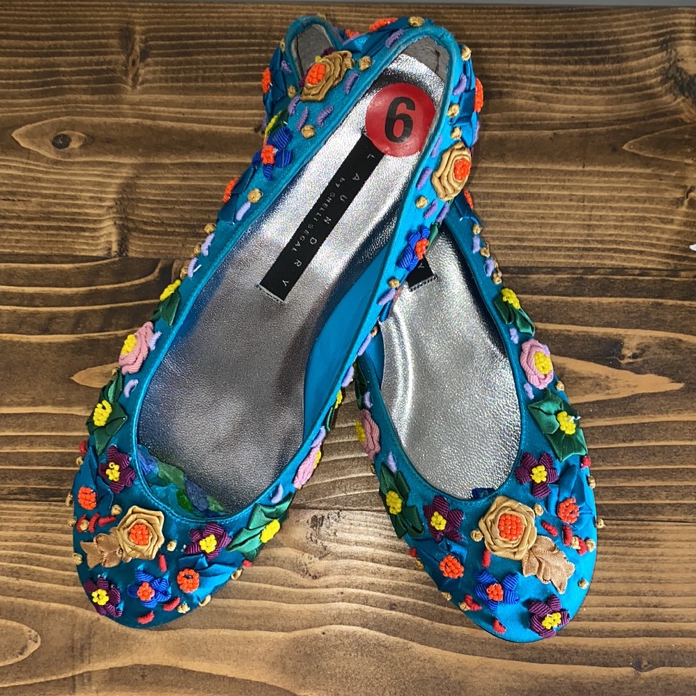Laundry By Shelli Segal Turquoise Floral Embellished Satin Ballet Flats